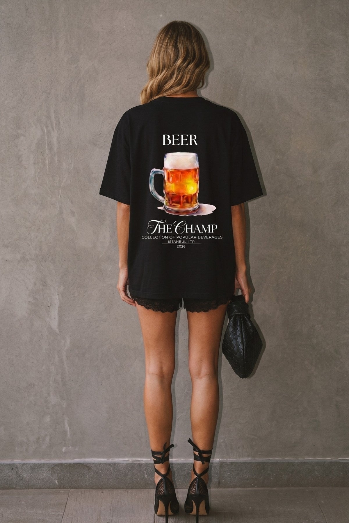 Unisex Oversize Tişört BEER Baskılı Siyah – Bisiklet Yaka, Rahat Kalıp, %100 Pamuk