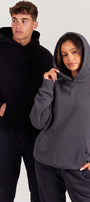 Unisex 2’li Oversize Basic Hoodie Siyah & Füme – Kapüşonlu, Cepli, 3 İplik Şardonlu Polar