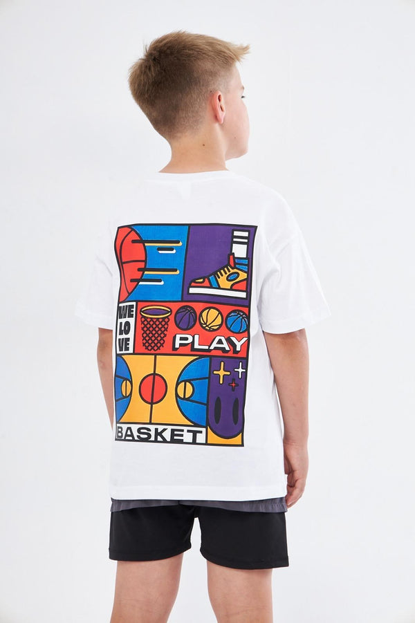 Basketbol Tasarım Baskılı Beyaz Çocuk T-shirt