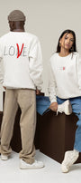 Unisex Oversize Sweatshirt V-Love Baskılı Beyaz – Bisiklet Yaka, Sevgilergünü, Couple, Hediye