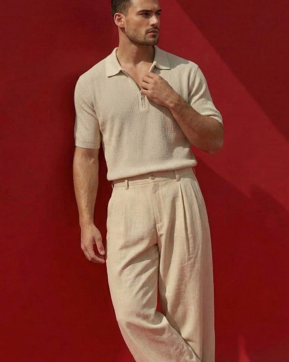 Erkek Dokulu Fitilli Triko Tişört Bej- Polo Yaka, Yarım Fermuar, Fit, Yazlık, Örme 