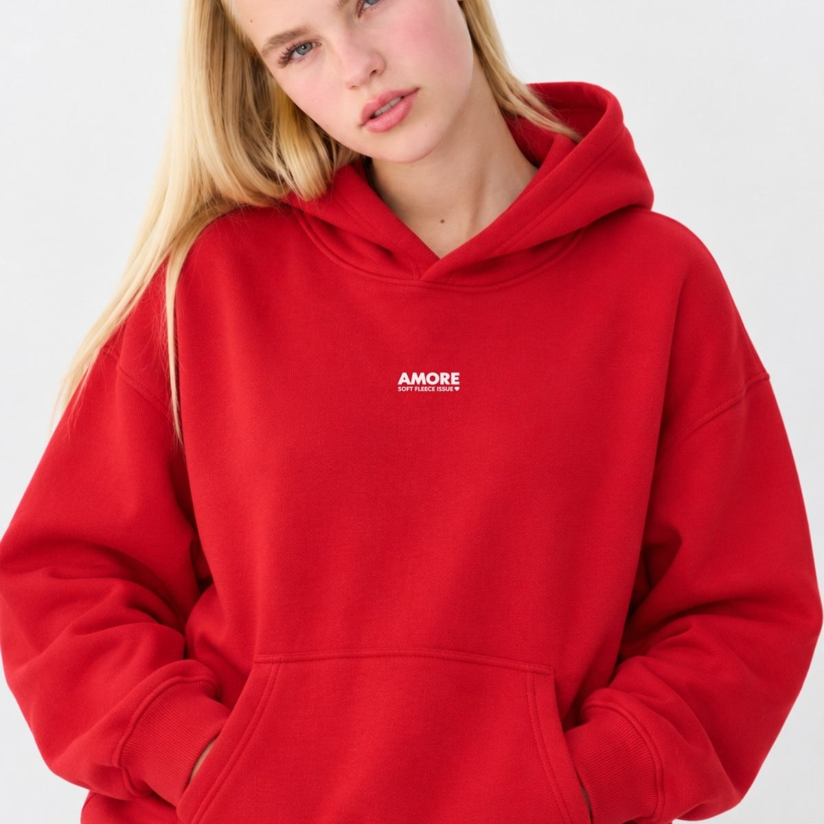 Kadın Oversize Hoodie Amore Baskılı Kırmızı – Kapüşonlu, Kanguru Cepli, 3 İplik Şardonlu Polar