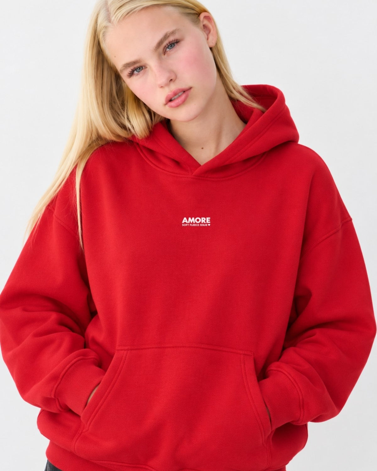 Kadın Oversize Hoodie Amore Baskılı Kırmızı – Kapüşonlu, Kanguru Cepli, 3 İplik Şardonlu Polar