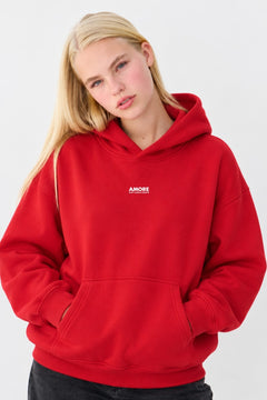 Kadın Oversize Hoodie Amore Baskılı Kırmızı – Kapüşonlu, Kanguru Cepli, 3 İplik Şardonlu Polar