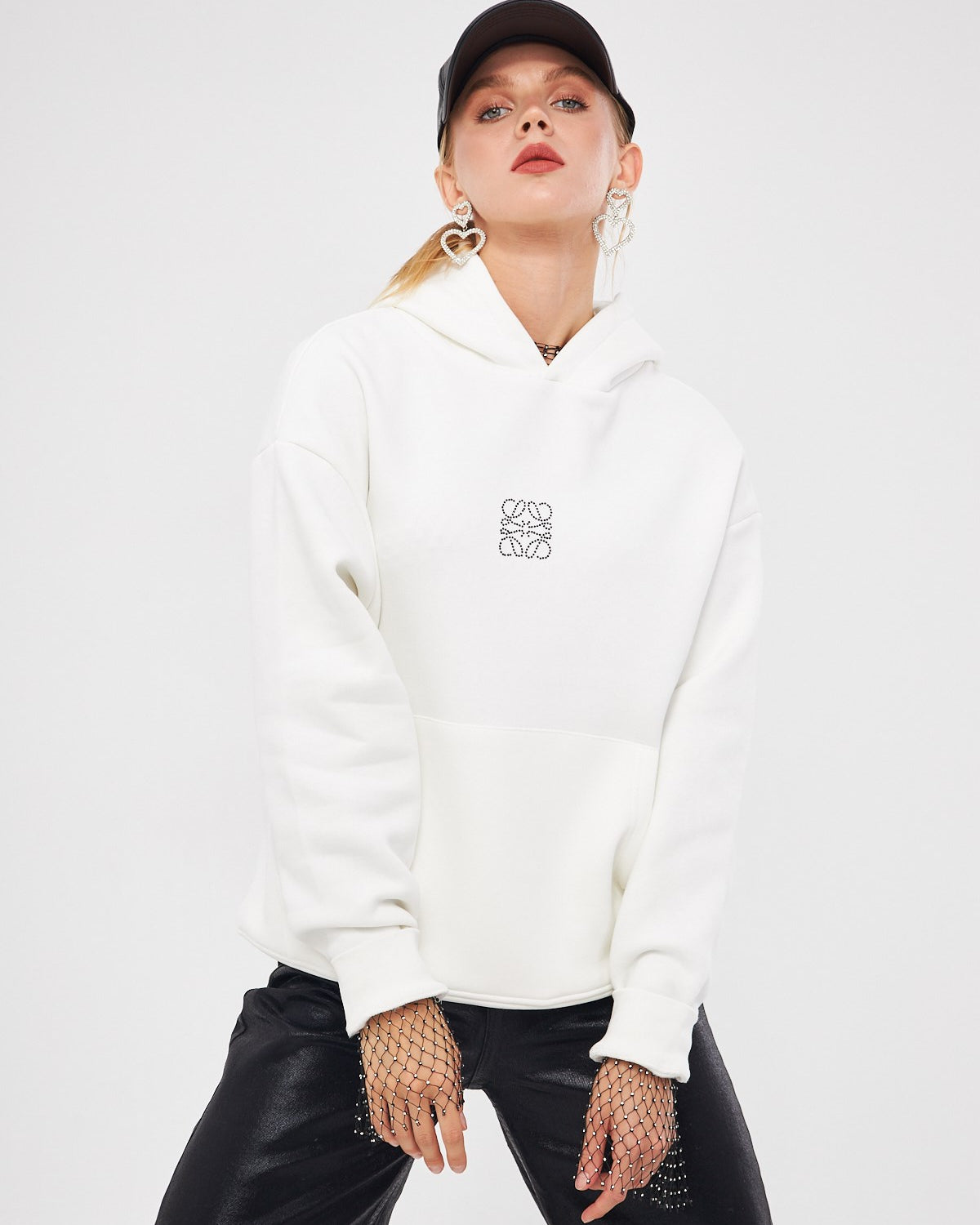 Kapüşonlu İçi Polar Taş Baskılı Beyaz Oversize Hoodie Sweatshirt