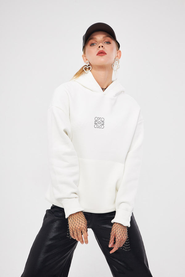 Kapüşonlu İçi Polar Taş Baskılı Beyaz Oversize Hoodie Sweatshirt