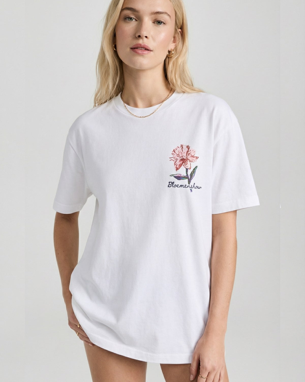 Kadın Oversize Tişört Soft Bloom Baskılı Pembe – Bisiklet Yaka, Couple, Rahat Kalıp, %100 Pamuk