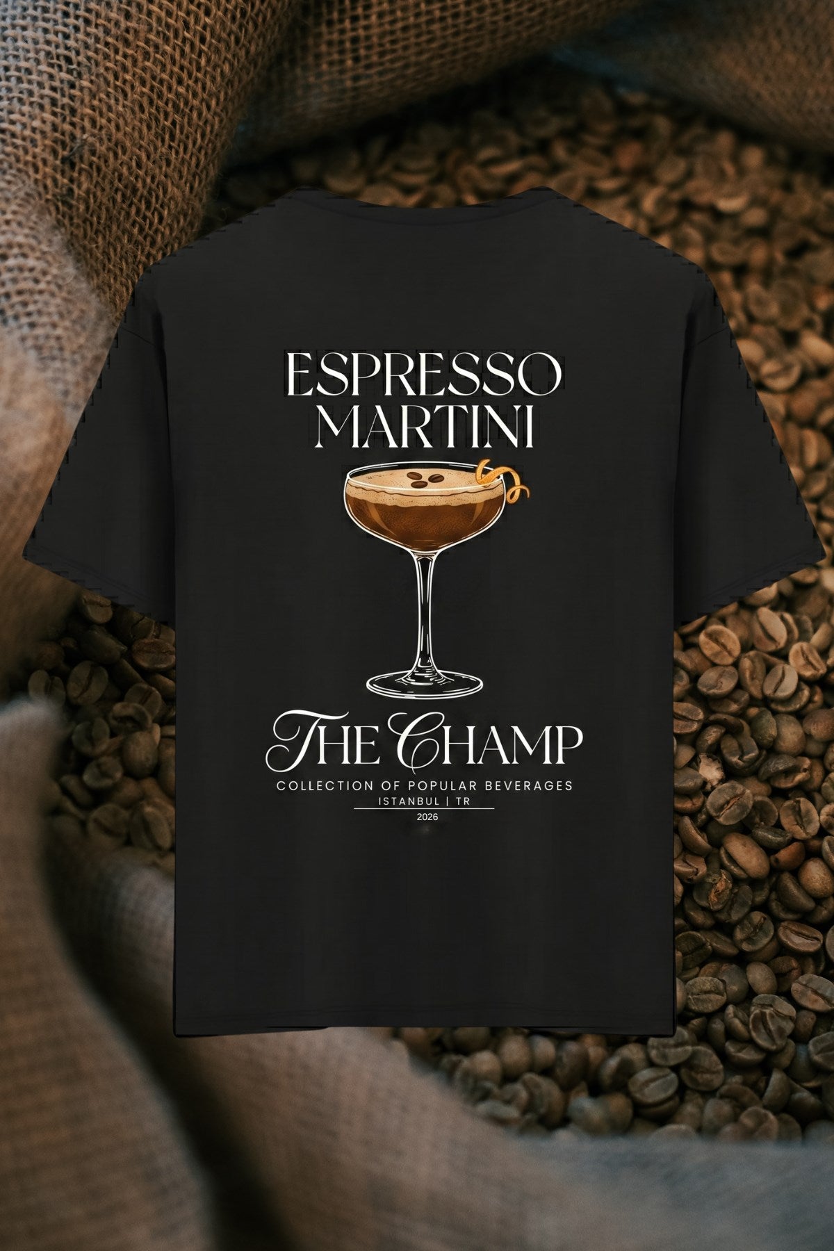 Unisex Oversize Tişört Espresso Martini Baskılı Siyah – Bisiklet Yaka, Rahat Kalıp, %100 Pamuk