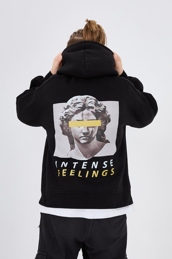 Kapüşonlu İçi Polar Intense Feelings Baskılı Siyah Unisex Çocuk Hoodie Sweatshirt