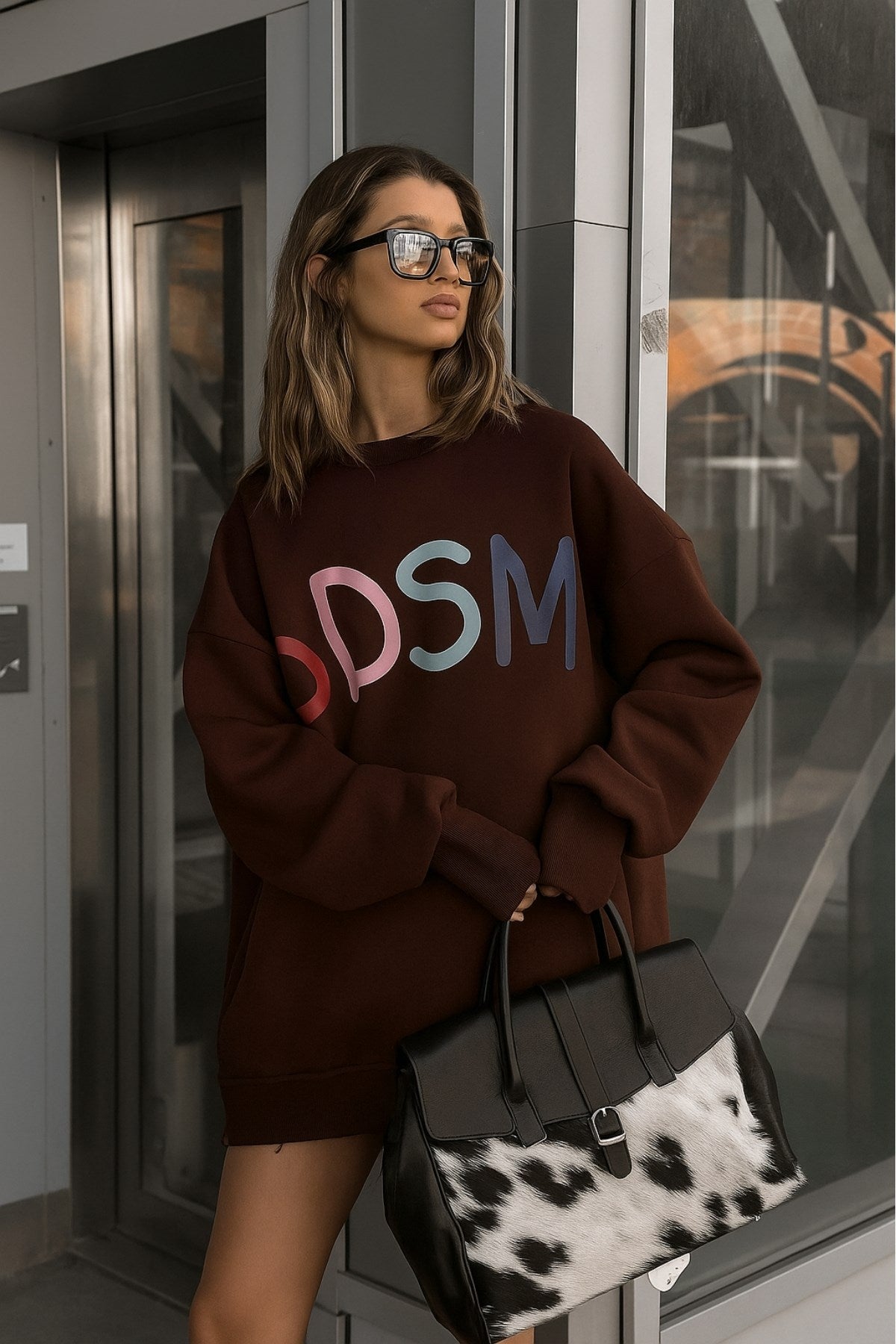 Kadın Oversize Sweatshirt Elbise Color Pop Baskılı Kahverengi – Bisiklet Yaka,3 İplik Şardonlu Polar