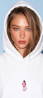 Kadın Oversize Hoodie Pink Kitty Club Baskılı Beyaz - Kapüşonlu, Cepli, 3 İplik Polar