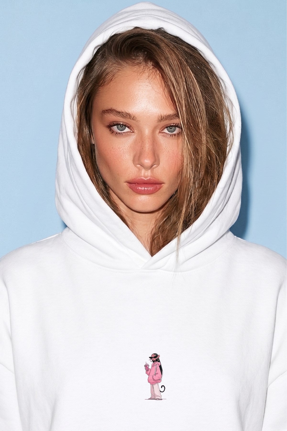 Kadın Oversize Hoodie Pink Kitty Club Baskılı Beyaz - Kapüşonlu, Cepli, 3 İplik Polar