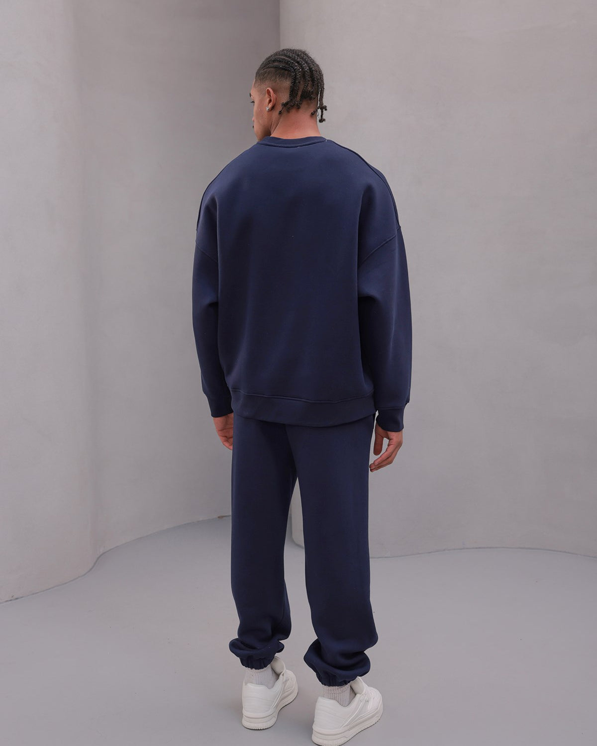 Erkek Oversize Eşofman Takımı Basic Lacivert – Bisiklet Yaka, Lastikli Paça, 3 İplik Polar