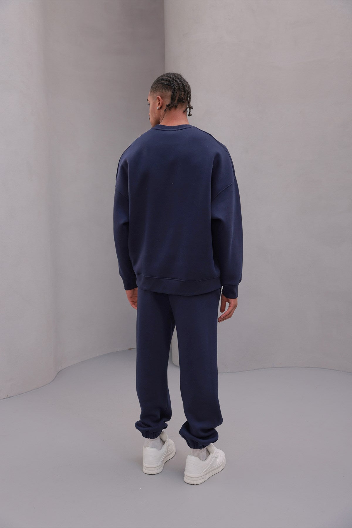 Erkek Oversize Eşofman Takımı Basic Lacivert – Bisiklet Yaka, Lastikli Paça, 3 İplik Polar