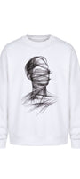 Erkek Oversize Sweatshirt Blind Trace Baskılı Beyaz – Bisiklet Yaka, 3 İplik Şardonlu Polar