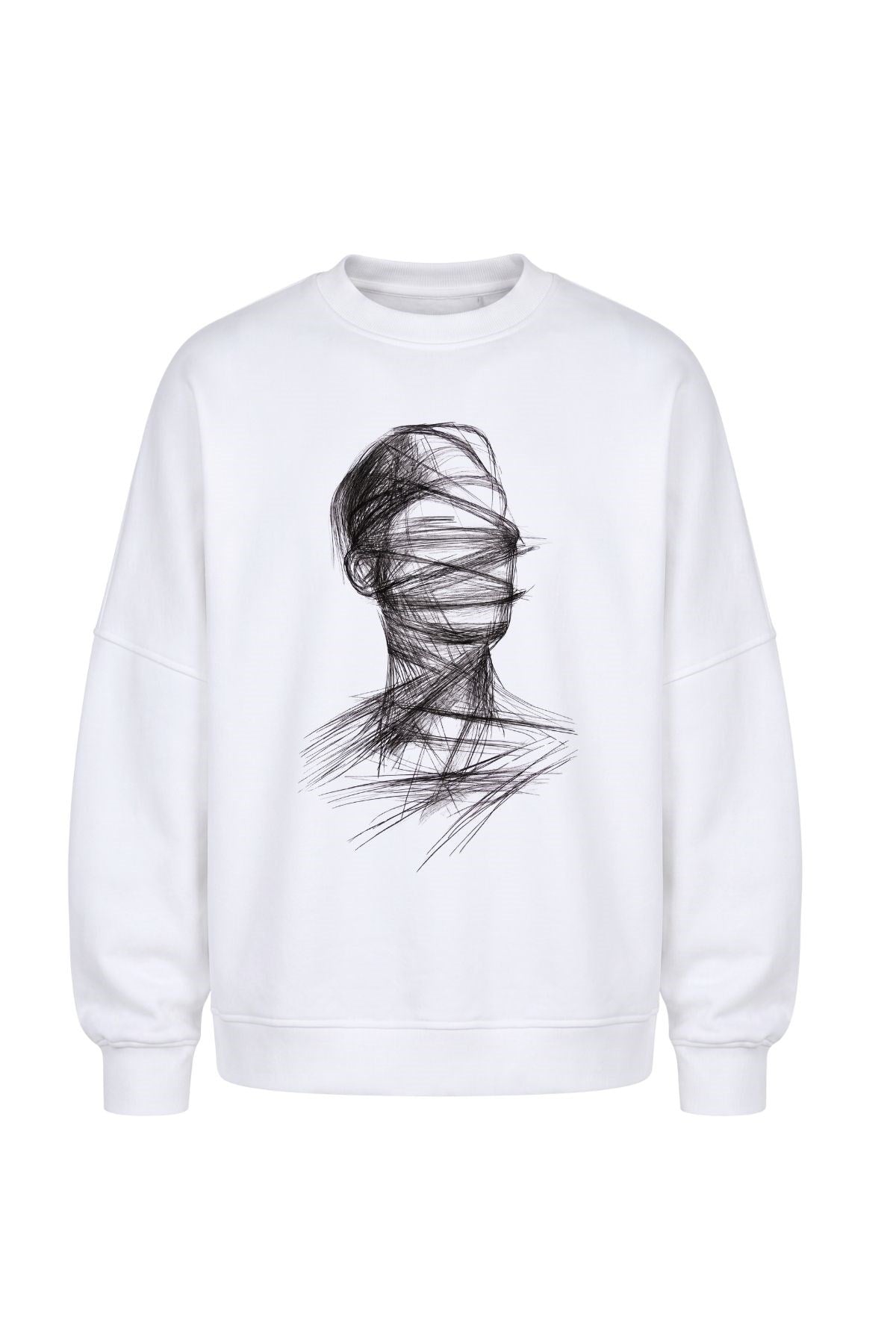 Erkek Oversize Sweatshirt Blind Trace Baskılı Beyaz – Bisiklet Yaka, 3 İplik Şardonlu Polar