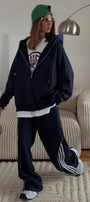 Kadın Oversize Eşofman Takımı Lacivert – Kapüşonlu Fermuarlı, Şerit Detaylı, Bağcıklı Bel, Bol paça