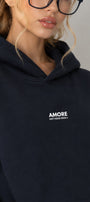 Kadın Oversize Hoodie Amore Baskılı Lacivert – Kapüşonlu, Kanguru Cepli, 3 İplik Şardonlu Polar
