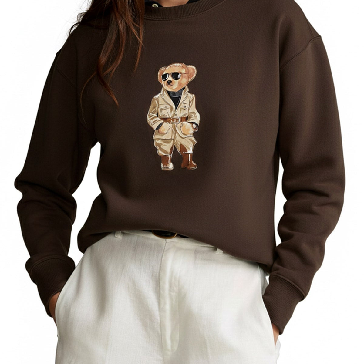 Kadın Oversize Sweatshirt Trench Bear Baskılı Kahverengi – Bisiklet Yaka, 3 İplik Şardonlu