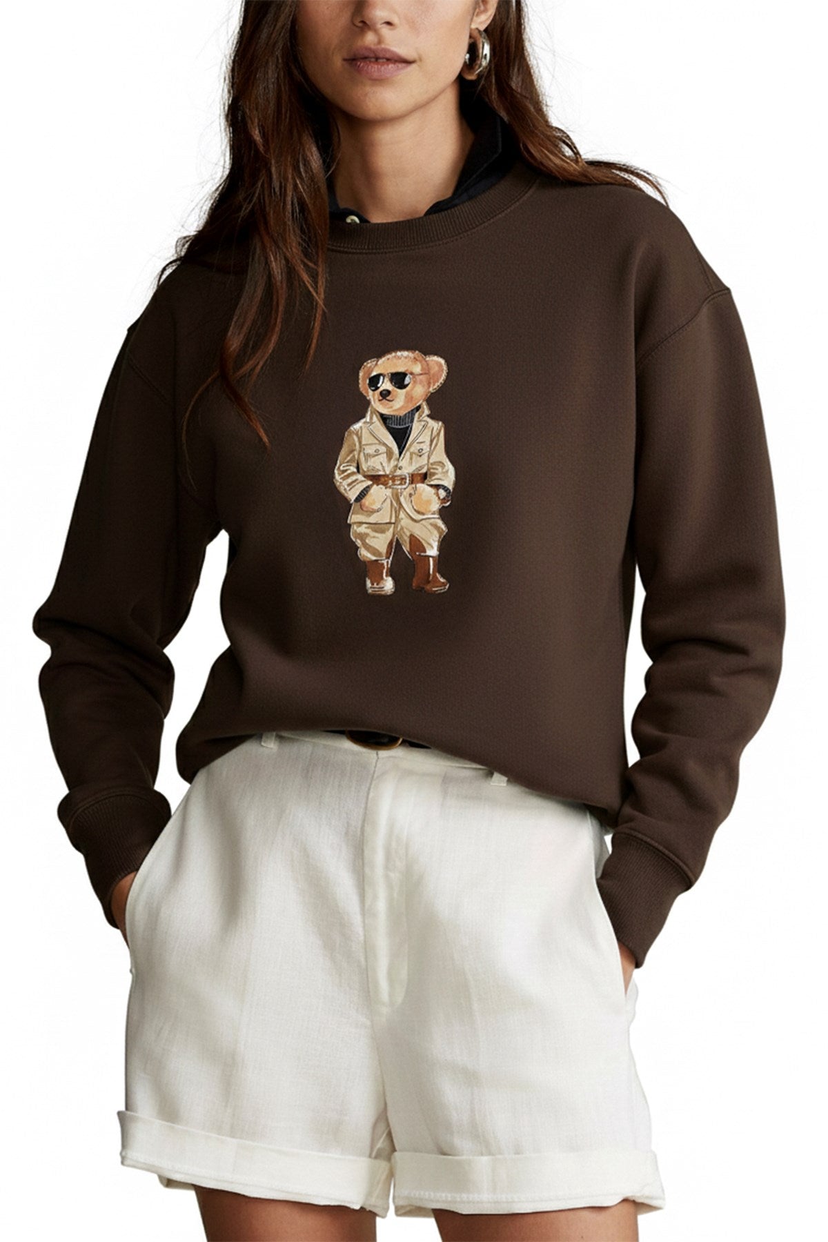 Kadın Oversize Sweatshirt Trench Bear Baskılı Kahverengi – Bisiklet Yaka, 3 İplik Şardonlu