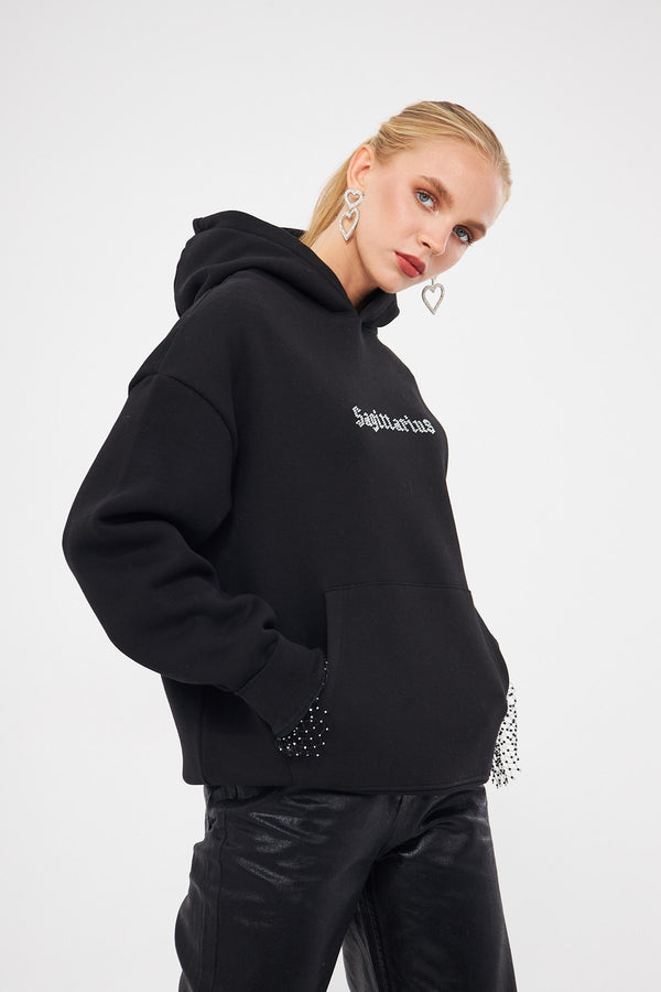 Kapüşonlu İçi Polar Sagittarius Yazılı Taş Baskılı Siyah Oversize Hoodie Sweatshirt