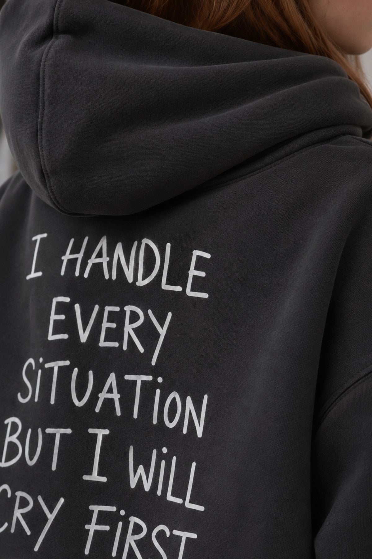 Kadın Oversize Hoodie Cry First Baskılı Füme – Kapüşonlu, Kanguru Cepli, 3 İplik Şardonlu Polar