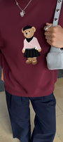Kadın Oversize Sweatshirt Ballerina Bear Baskılı Bordo – Bisiklet Yaka, 3 İplik Şardonlu Polar