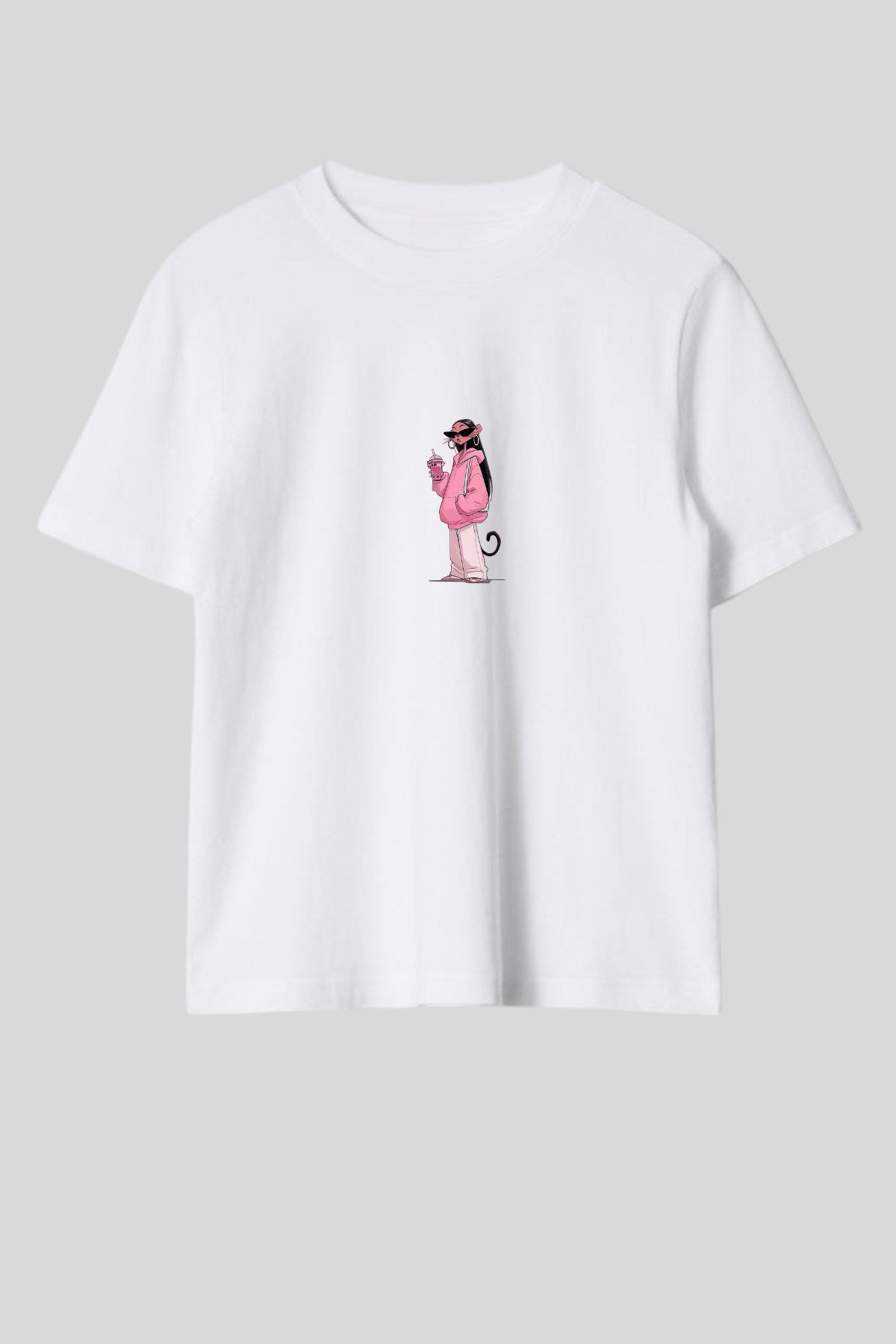 Kadın Oversize Tişört Pink Kitty Club Baskılı Beyaz – Bisiklet Yaka, Rahat Kalıp, %100 Pamuk