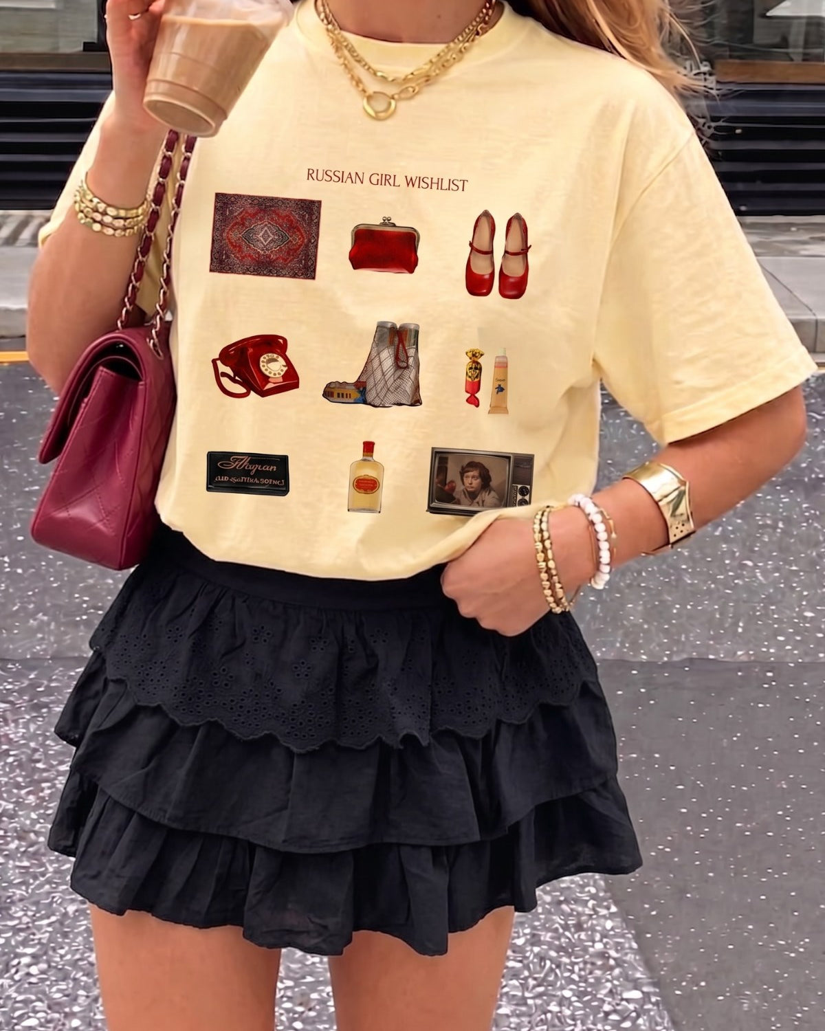 Kadın Oversize Tişört Russian Girl Wishlist Baskılı Sarı – Bisiklet Yaka, Rahat Kalıp, %100 Pamuk