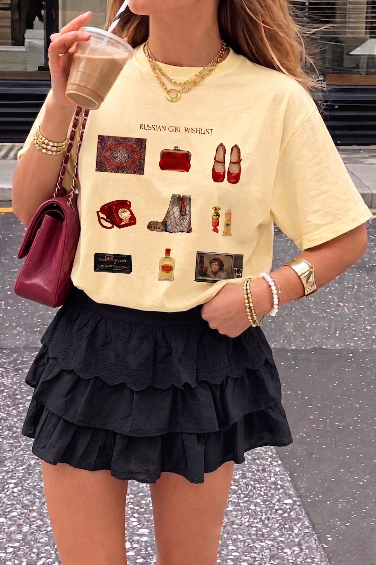Kadın Oversize Tişört Russian Girl Wishlist Baskılı Sarı – Bisiklet Yaka, Rahat Kalıp, %100 Pamuk