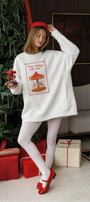 Kadın Oversize Sweatshirt Elbise Carousel Love Baskılı Beyaz – Bisiklet Yaka, 3 İplik Şardonlu Polar