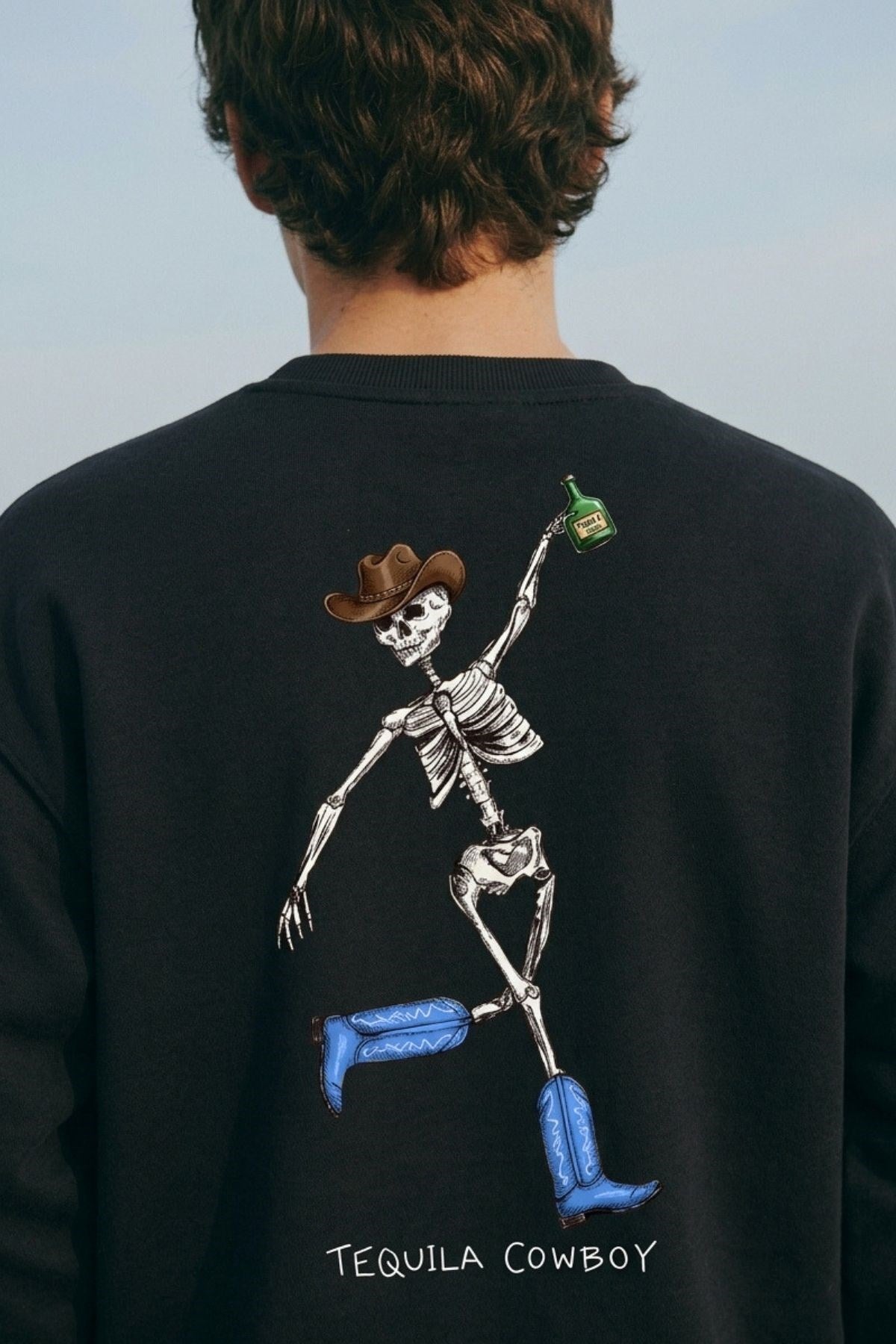 Erkek Oversize Sweatshirt Western Spirit Baskılı Siyah – Bisiklet Yaka, 3 İplik Şardonlu Polar