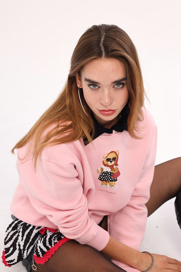 Pembe Bisiklet Yaka Puantiyeli Ayıcık Baskılı Oversize Unisex Sweatshirt