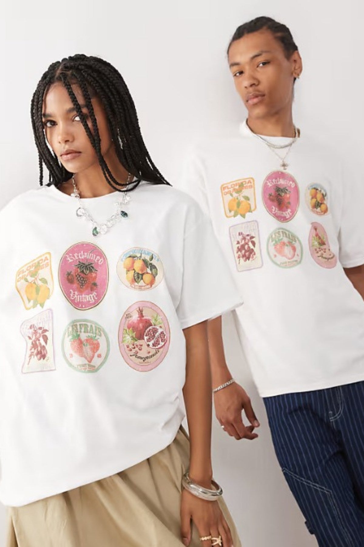 Unisex Oversize %100 Pamuk Meyve Etiketli Beyaz Tişört  Reclaimed Vintage Stil