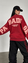 Kadın Oversize Sweatshirt Paradise Varsity Kabartma Baskılı Kırmızı – Bisiklet Yaka, 3 İplik Şardonlu Polar