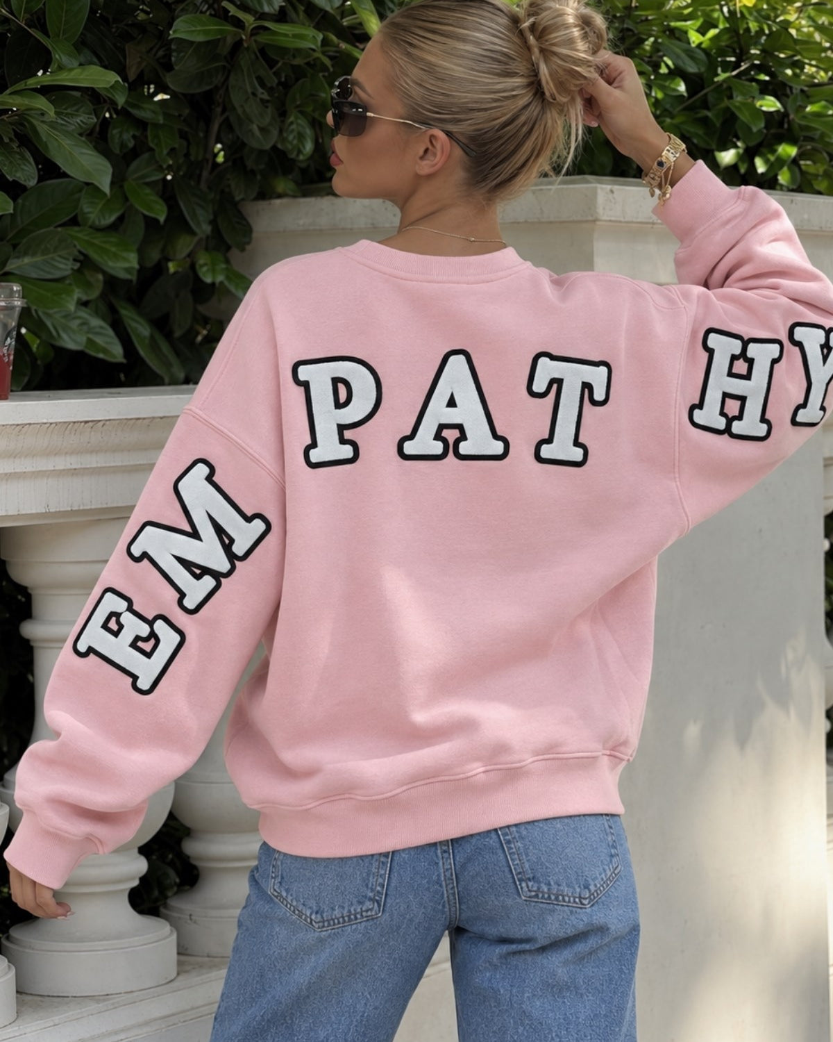 Kadın Oversize Sweatshirt Empathy 3D Baskılı Pembe – Bisiklet Yaka, 3 İplik Şardonlu Polar
