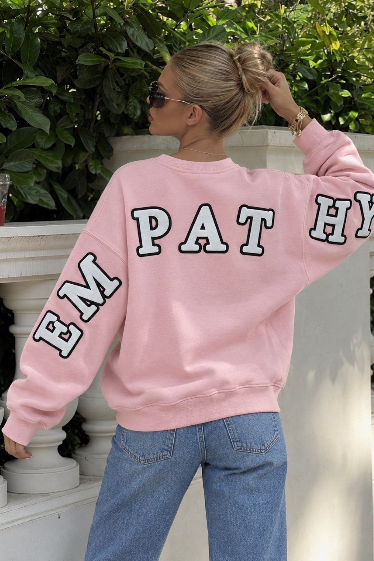 Kadın Oversize Sweatshirt Empathy 3D Baskılı Pembe – Bisiklet Yaka, 3 İplik Şardonlu Polar