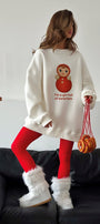 Kadın Oversize Sweatshirt Elbise Matryoshka Girl Baskılı Beyaz – Bisiklet Yaka, 3 İplik Polar