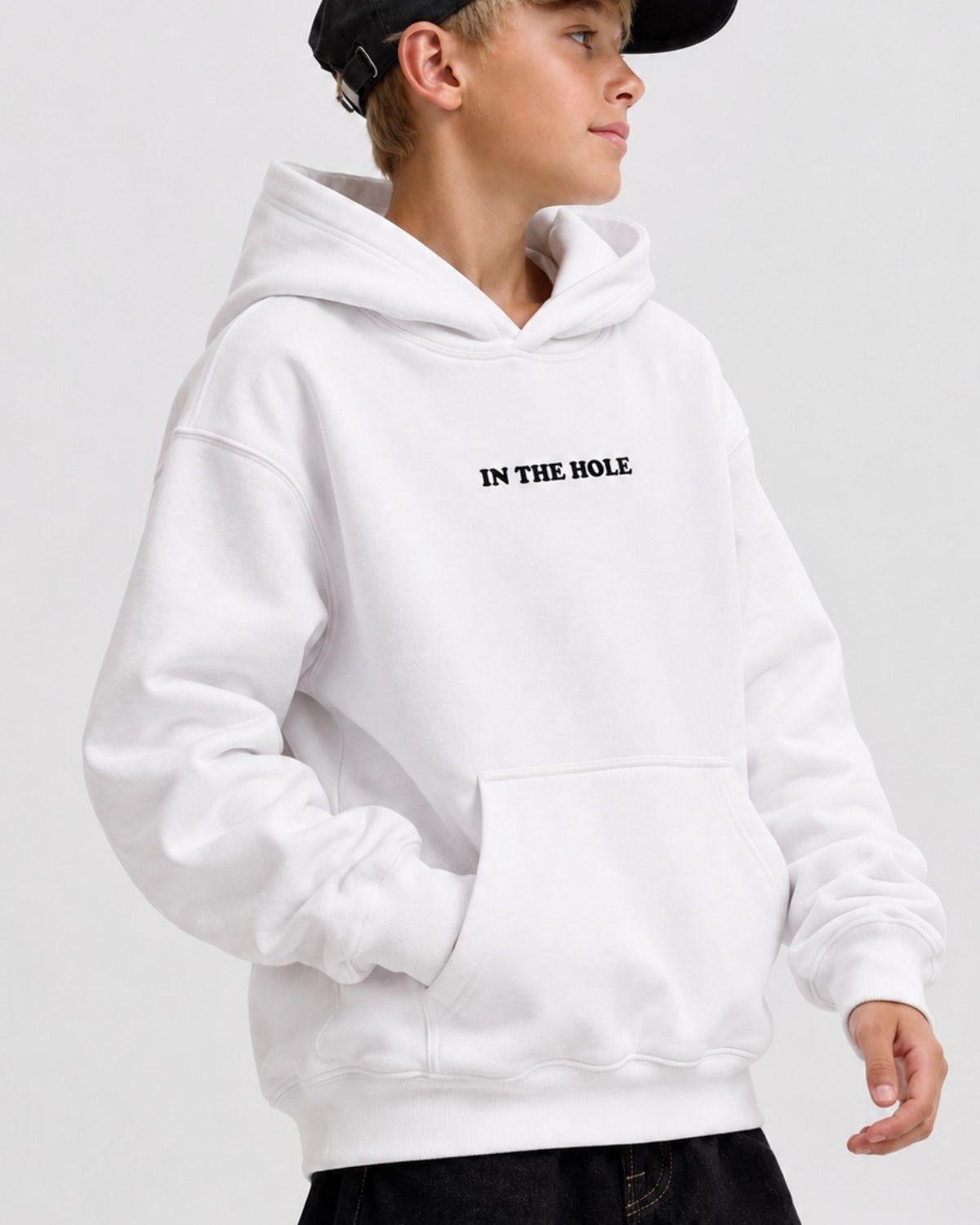 Erkek Çocuk Oversize Hoodie My Caddy Falls Baskılı Beyaz – Kapüşonlu, Cepli, 3 İplik Polar