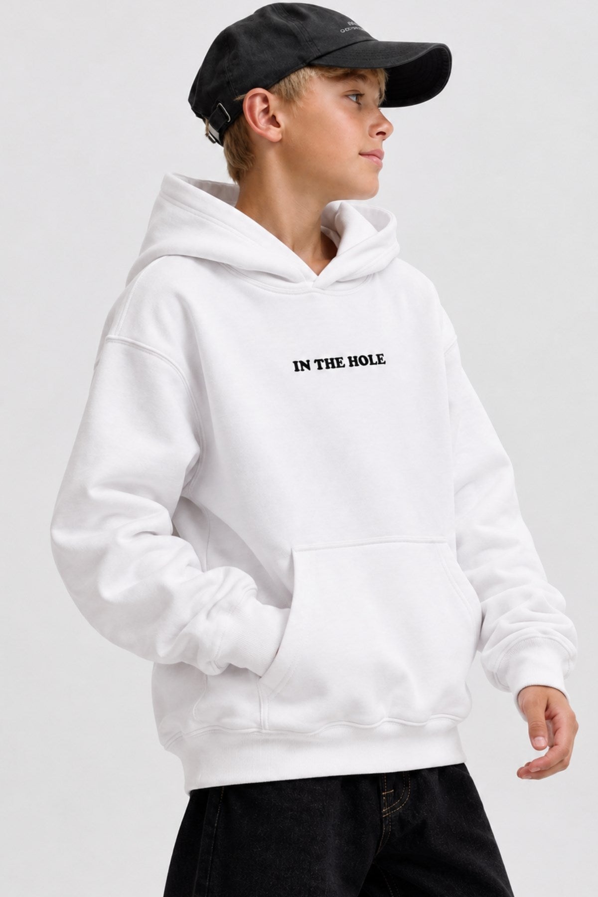 Erkek Çocuk Oversize Hoodie My Caddy Falls Baskılı Beyaz – Kapüşonlu, Cepli, 3 İplik Polar