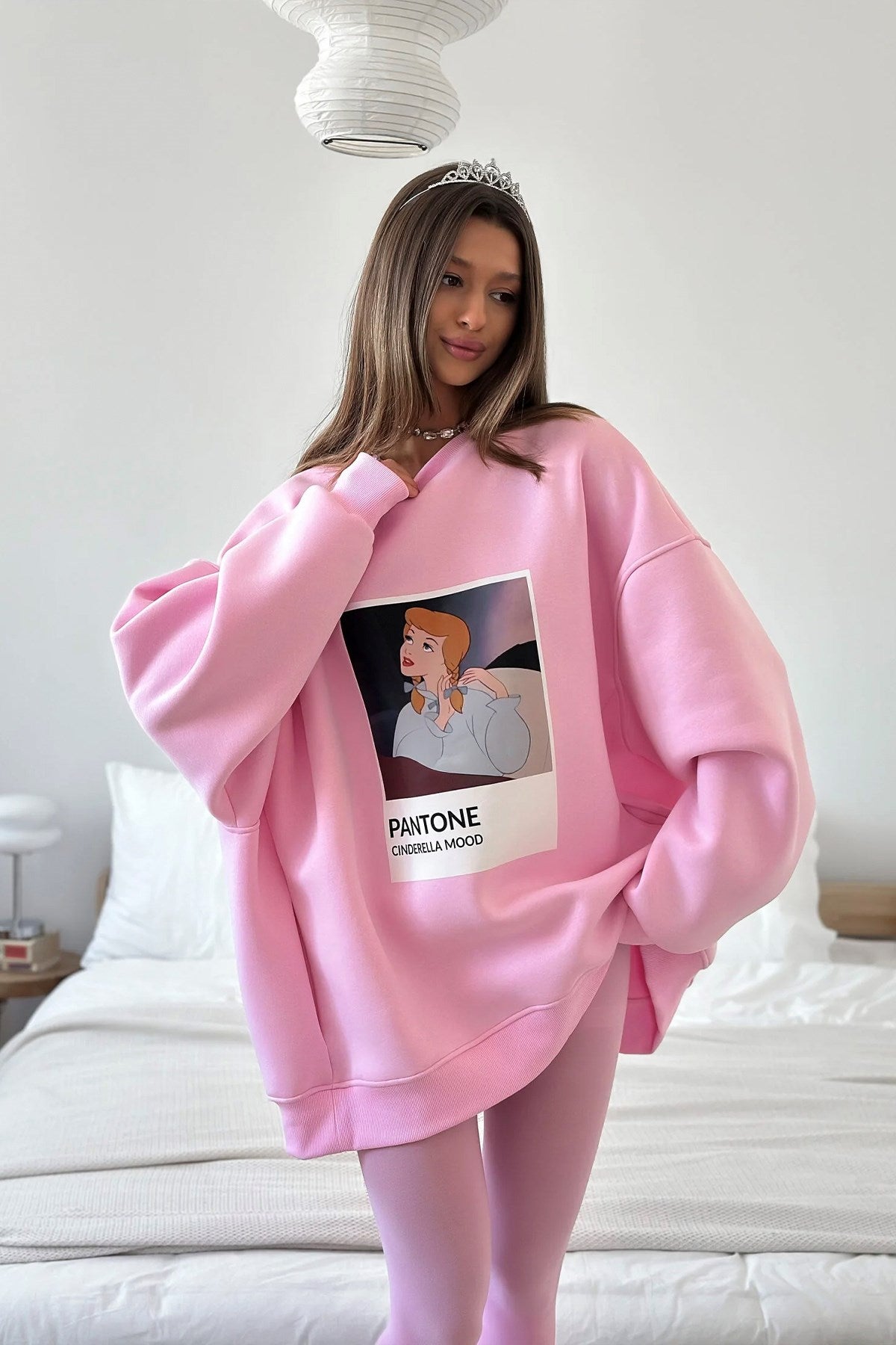 Kadın Oversize Sweat Elbise Pembe – 3 İplik Şardonlu , Bisiklet Yaka, Pantone – prenses baskılı