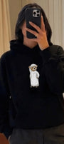 Kadın Oversize Sweatshirt Hoodie Emirati Bear Siyah – Kapüşonlu, 3 İplik Polar, Kanguru Cepli