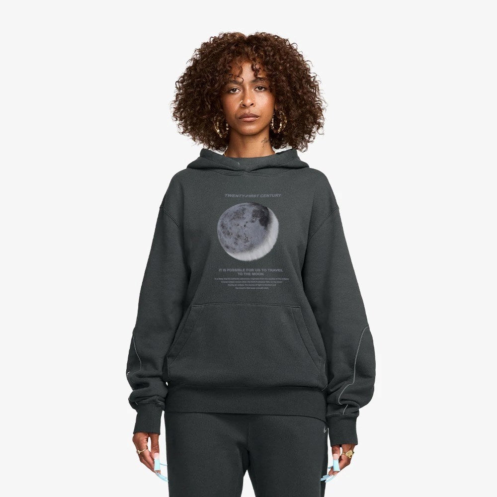 Kapüşonlu İçi Polar Moon Baskılı Füme Unisex Hoodie Sweatshirt