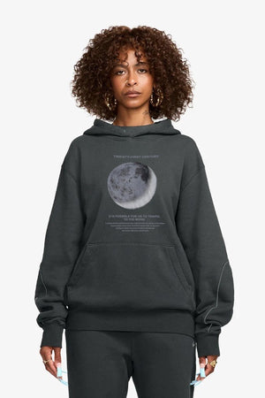 Kapüşonlu İçi Polar Moon Baskılı Füme Unisex Hoodie Sweatshirt