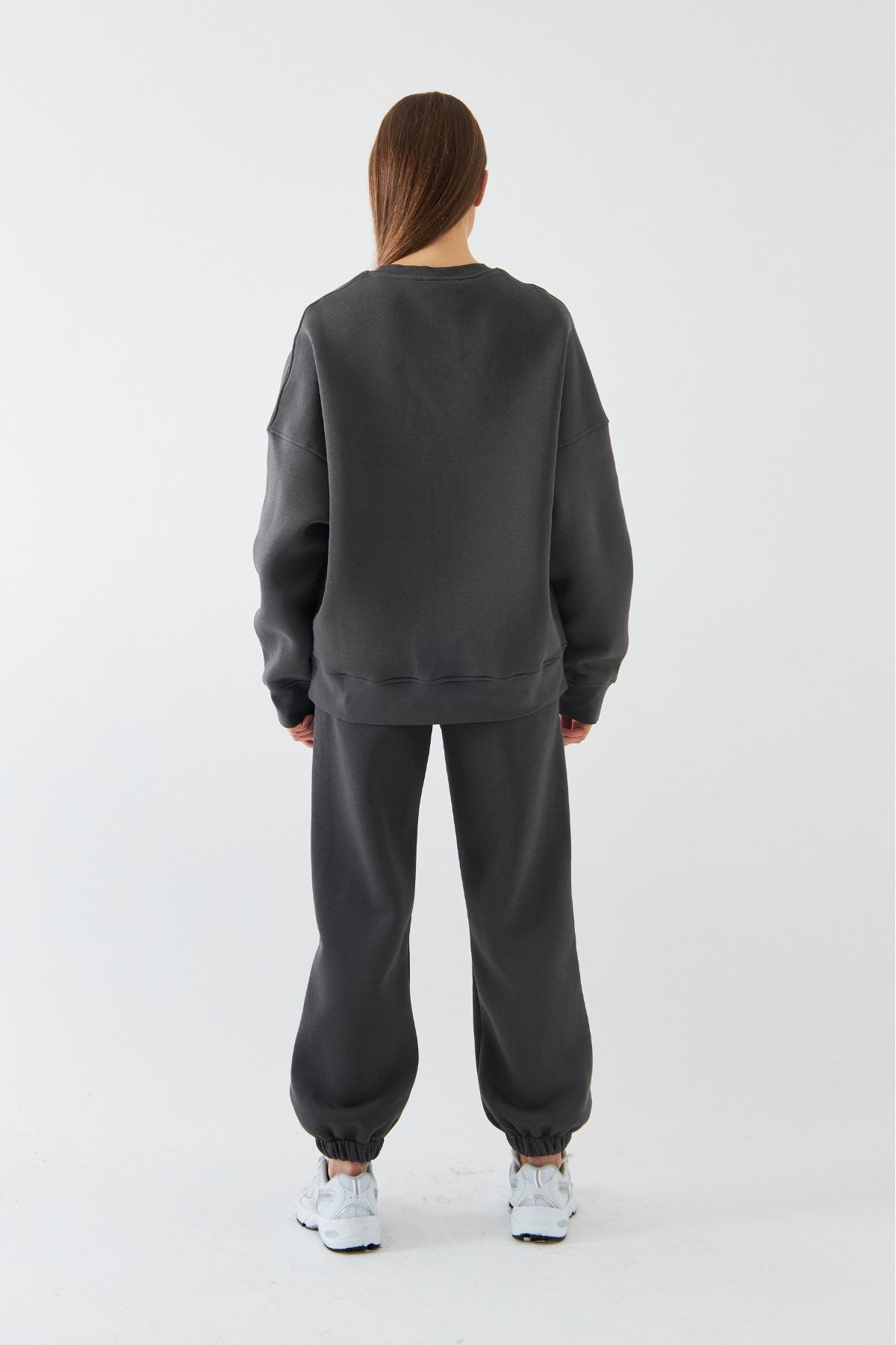 Unisex Oversize Sweatshirt Basic Füme – Bisiklet Yaka, 3 İplik Şardonlu Polar