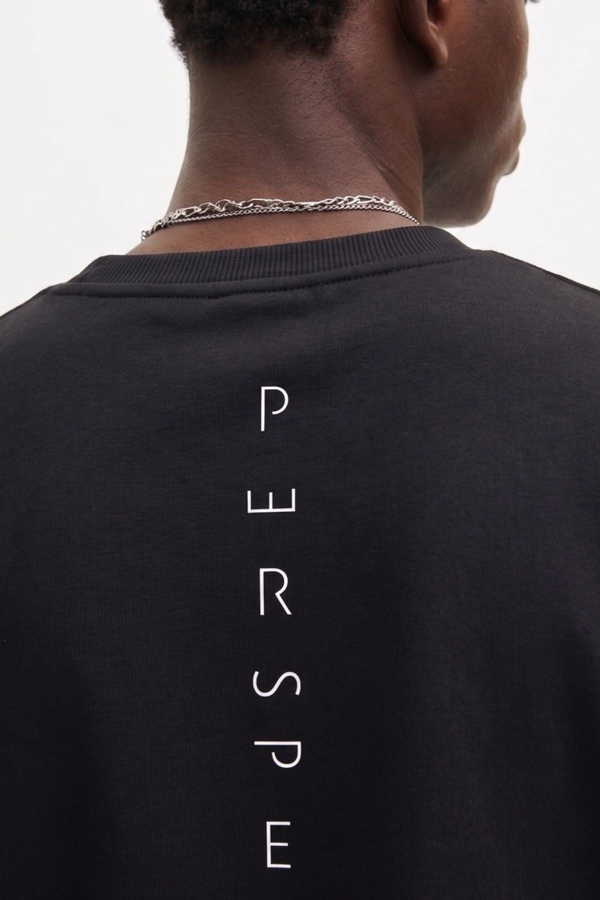 Erkek Oversize Sweatshirt Perspectiv Baskılı Siyah – Bisiklet Yaka, 3 İplik Şardonlu Polar