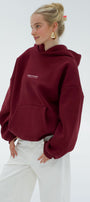 Kadın Oversize Sweatshirt Hoodie CHMP Yazlı Baskılı Bordo – Kapüşonlu, 3 İplik Polar, Kanguru Cepli