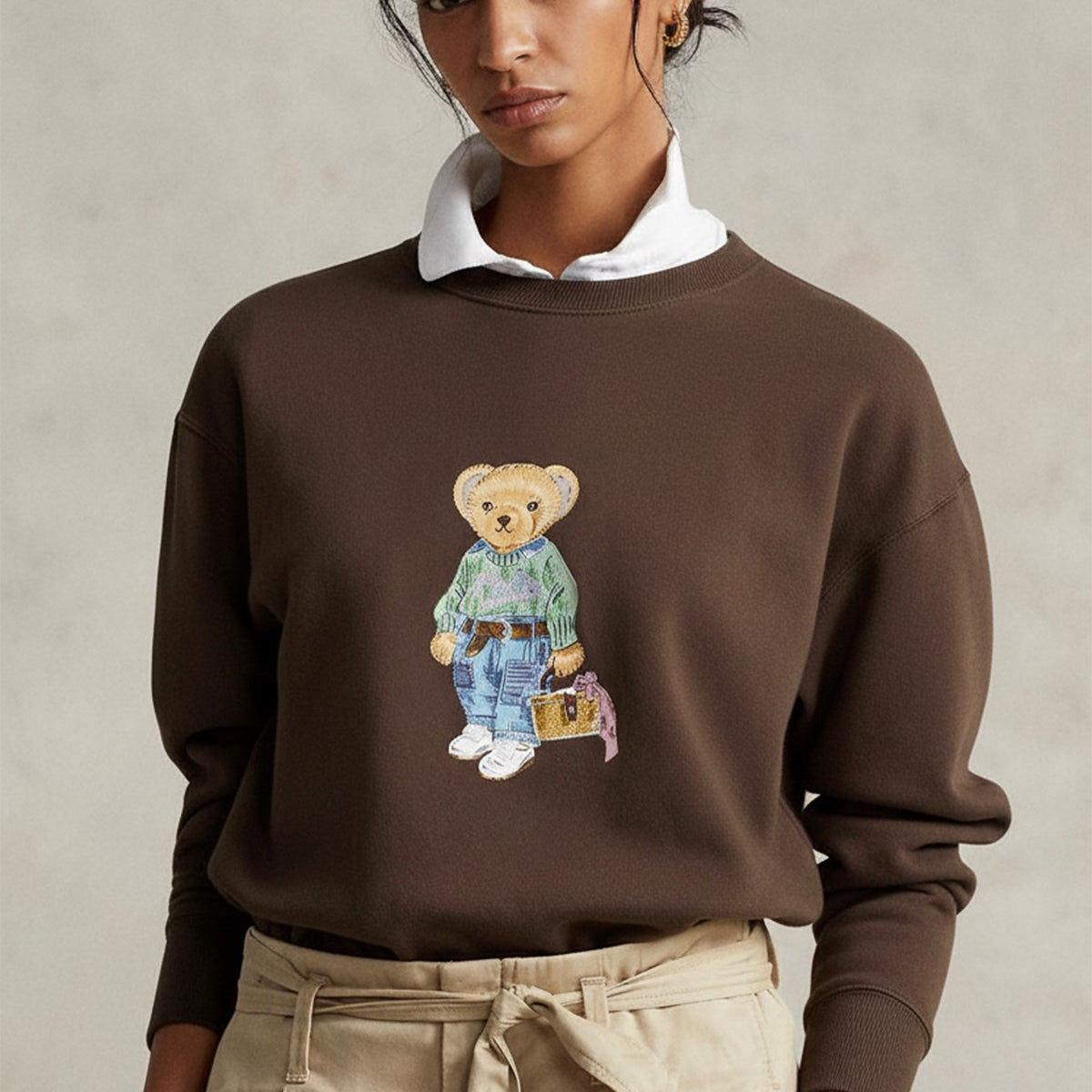 Kadın Oversize Sweatshirt Weekend Bear Baskılı Kahverengi – Bisiklet Yaka, 3 İplik Şardonlu