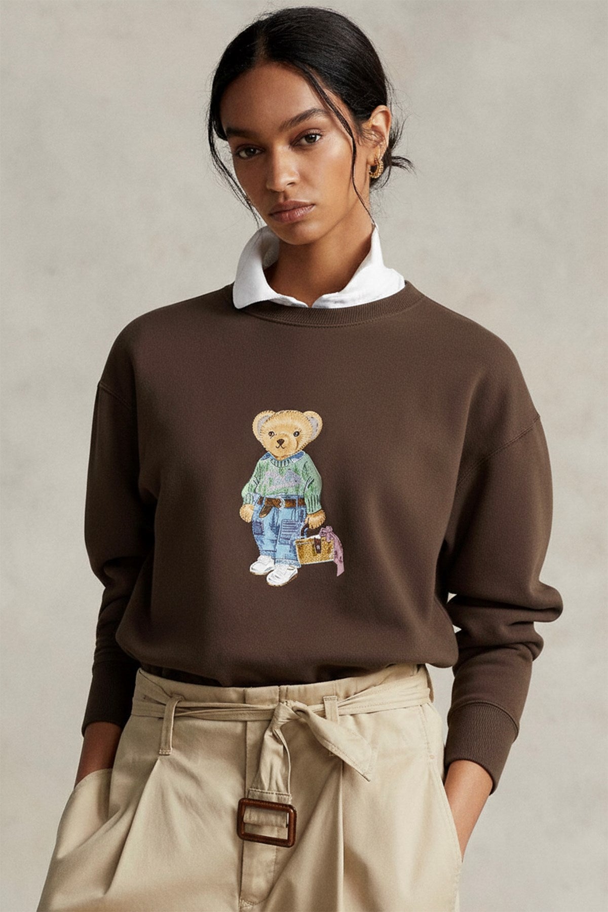 Kadın Oversize Sweatshirt Weekend Bear Baskılı Kahverengi – Bisiklet Yaka, 3 İplik Şardonlu