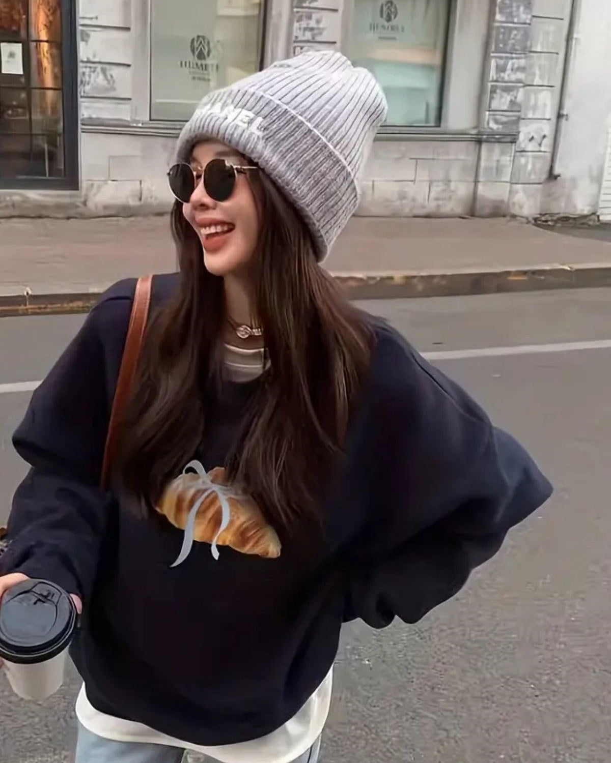 Kadın Oversize Sweatshirt Kurdeleli Croissant Baskılı Lacivert – Bisiklet Yaka, 3 İplik Polar